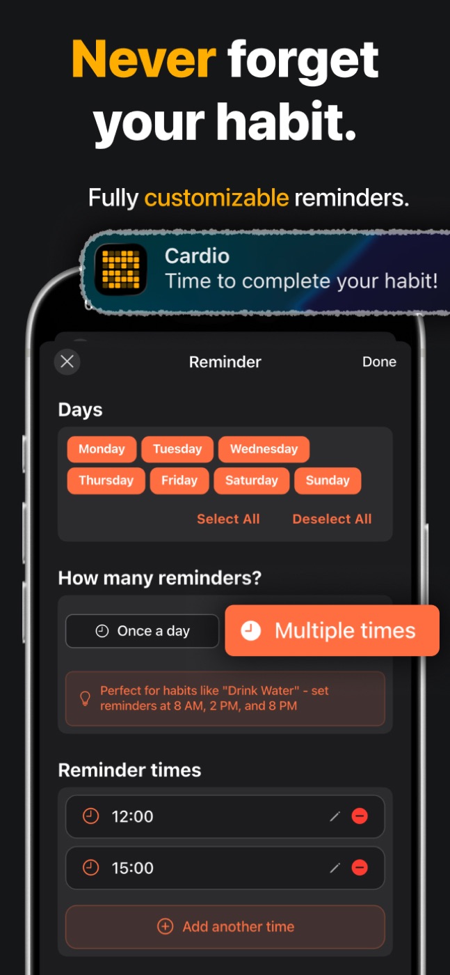 Customizable reminders screen with day and time selection